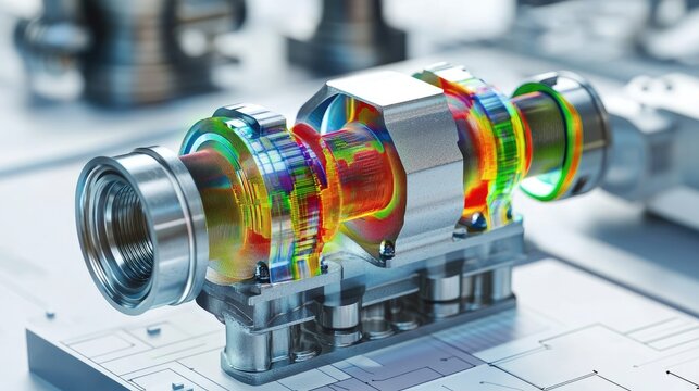 Crankshaft and pistons under FEM analysis, with a color map showing stress and strain in detailed graphical form.