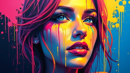 Vivid abstract portrait of a woman with colorful drips cascading on a dark canvas. This artistic and expressive design creates a striking contrast