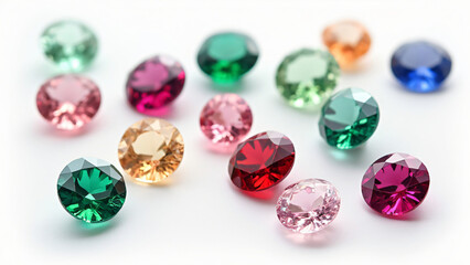 Array of colorful gemstones, including emeralds, rubies, sapphires, and topaz, arranged neatly on a white background