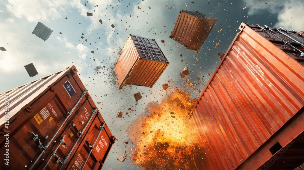 Poster Dramatic scene of colliding shipping containers from China and the US, exploding into metallic shrapnel mid-air, symbolizing the fierce economic conflict.