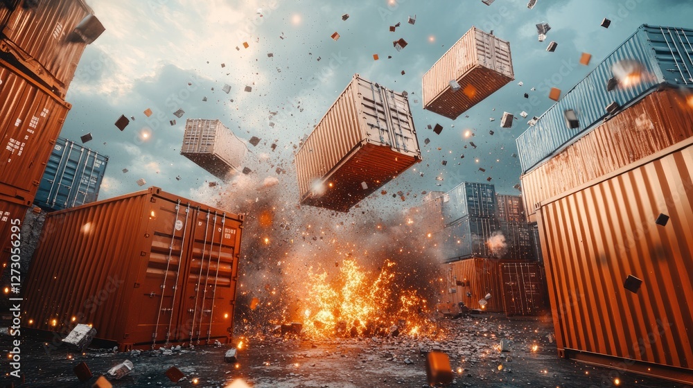 Poster dramatic scene of colliding shipping containers from china and the us, exploding into metallic shrap