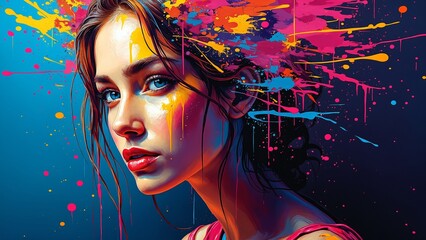 Vivid abstract portrait of a woman with colorful drips cascading on a dark canvas. This artistic and expressive design creates a striking contrast