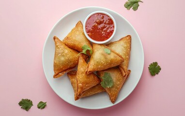 Hovering plate of Indian samosas with chutney, isolated on a pastel background