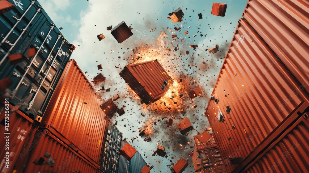 Poster exploding shipping containers in mid-air, creating metallic debris, representing the fierce trade wa