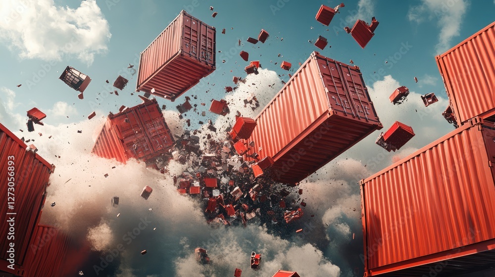 Poster exploding shipping containers in mid-air, creating metallic debris, representing the fierce trade wa