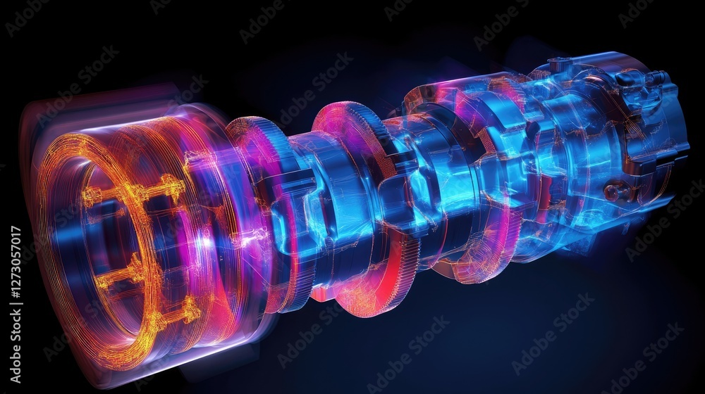 Poster fem analysis of crankshaft and pistons, with a color map highlighting areas of high stress, used for