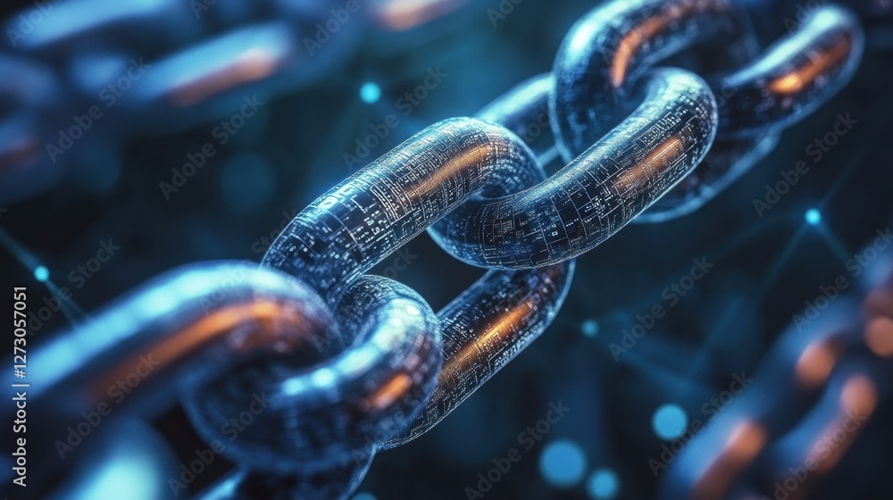Poster metallic blockchain chain links in digital network environment with glowing nodes