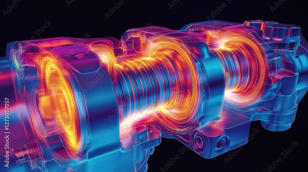 Poster fem analysis of crankshaft and pistons, with a color map highlighting areas of high stress, used for