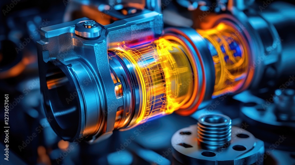 Poster fem analysis of crankshaft and pistons, with a color map highlighting areas of high stress, used for