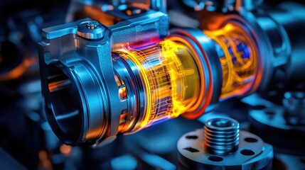 Fototapeta premium FEM analysis of crankshaft and pistons, with a color map highlighting areas of high stress, used for engine performance testing.
