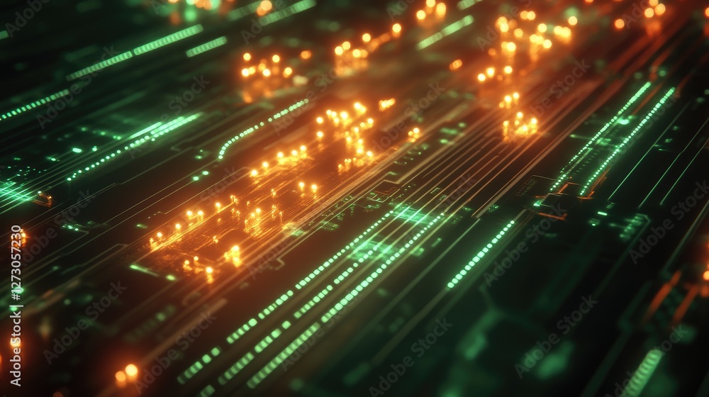 Poster fiber optic strands glowing with futuristic lights, transmitting data across a circuit board, highli