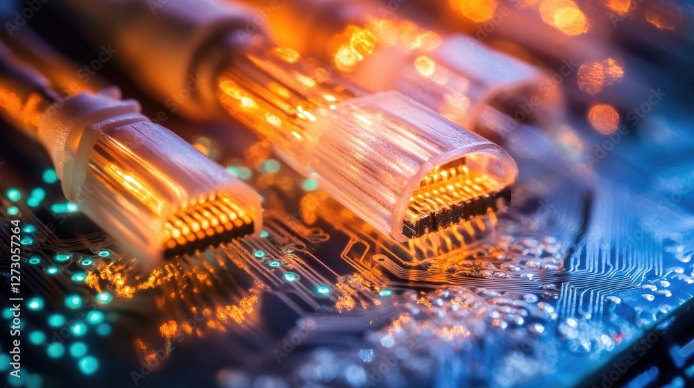 Poster fiber optic strands glowing with futuristic lights, transmitting data across a circuit board, highli