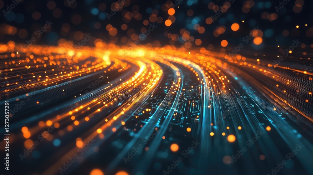 Poster Fiber optic strands illuminated by futuristic lights, transmitting data across a circuit board, representing the speed and efficiency of modern technology.