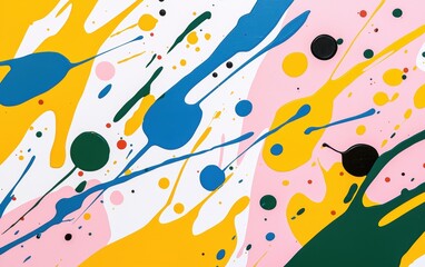 Fototapeta premium Playful paint splashes in vibrant shades of pink, yellow, blue, and green, scattered in a random artistic pattern on a bright background