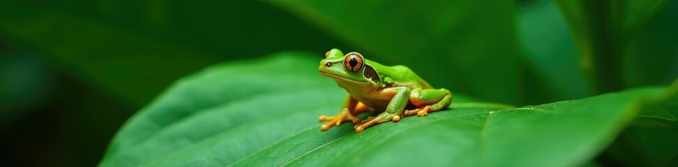 Obraz premium Green tree frog with brown spots resting on a large leaf, brown spots, nature
