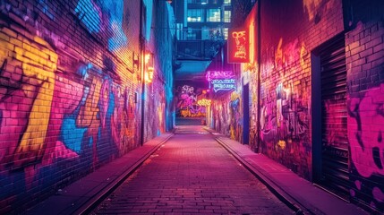 Fluorescent lights illuminate neon graffiti on a city alley wall, creating a stunning and bold street art scene filled with bright, artistic expression.