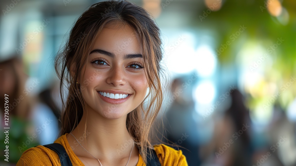 Poster smiling young latin woman providing professional customer service support while working in a modern 