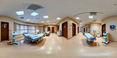 Full 360 degrees seamless spherical panorama HDRI equirectangular projection of hospital interior with adjustable beds. Texture environment map for lighting and reflection source rendering 3d scenes.