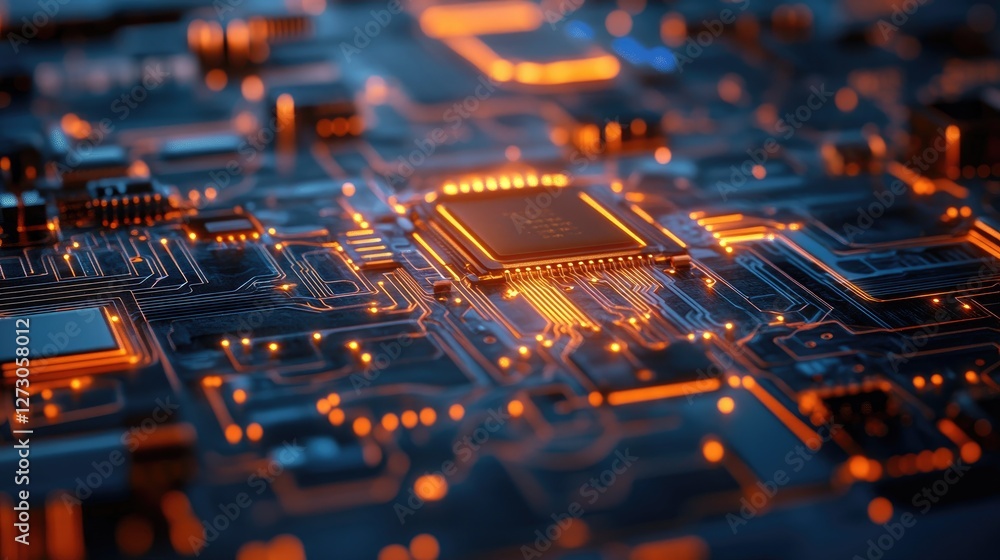 Poster Glowing digital elements on a futuristic circuit board, highlighting the intricate design and technological advancements in modern electronics.