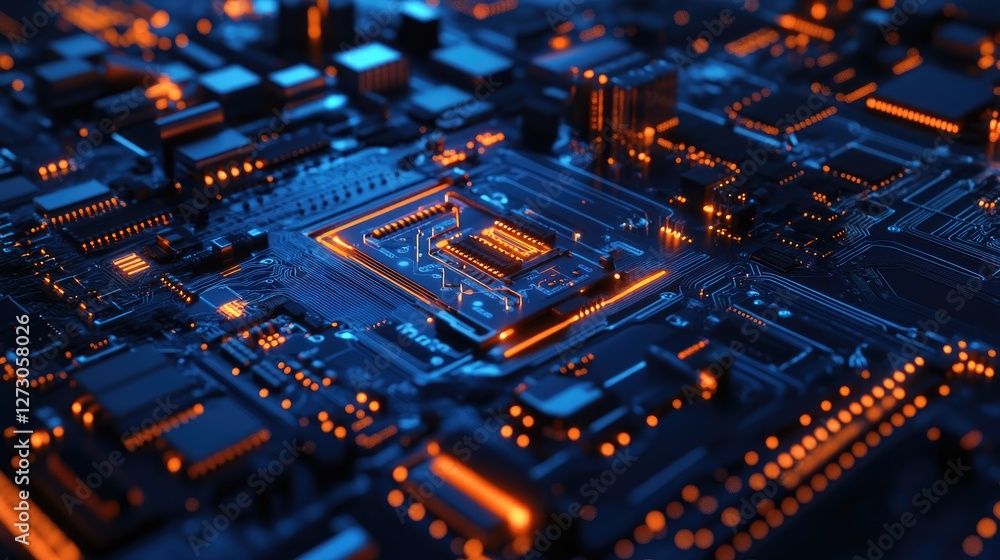 Poster glowing digital elements on a futuristic circuit board, highlighting the intricate design and techno