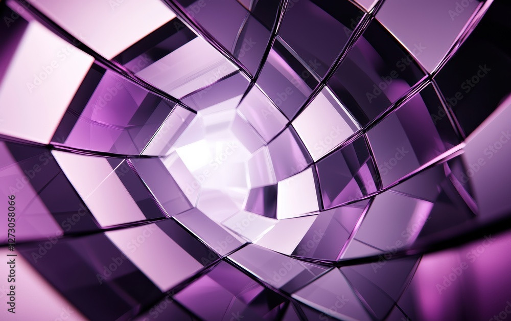 Poster surreal 3d tunnel of translucent cubes, illuminated in soft purple light, dynamic motion blur effect