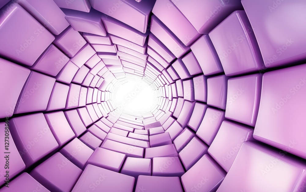 Poster surreal 3d tunnel of translucent cubes, illuminated in soft purple light, dynamic motion blur effect