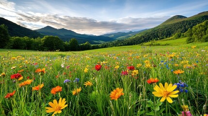 Obraz premium Vivid wildflower meadow stretches towards the rolling green mountain landscape