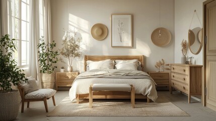 Fototapeta premium Sunlit Bedroom Sanctuary: Modern Minimalist Design with Natural Wood and Plants