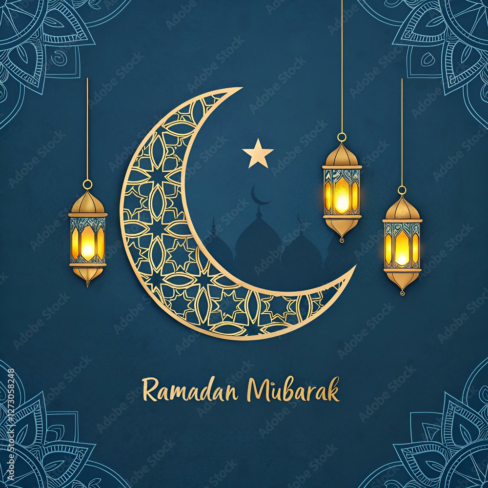 Poster elegant ramadan mubarak design with a crescent moon and intricate patterns.