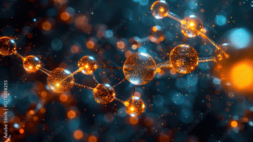 Poster abstract visualization of glowing molecules and chemical structures with bokeh background