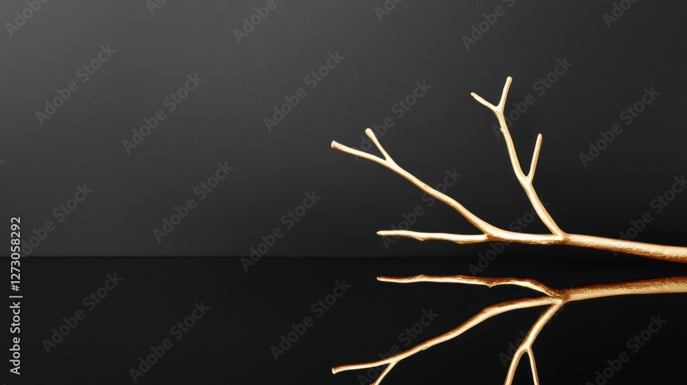 Poster surreal golden branch with soft reflective highlights, modern and minimal composition on a black can