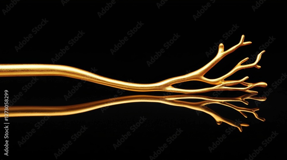 Poster surreal golden branch with soft reflective highlights, modern and minimal composition on a black can