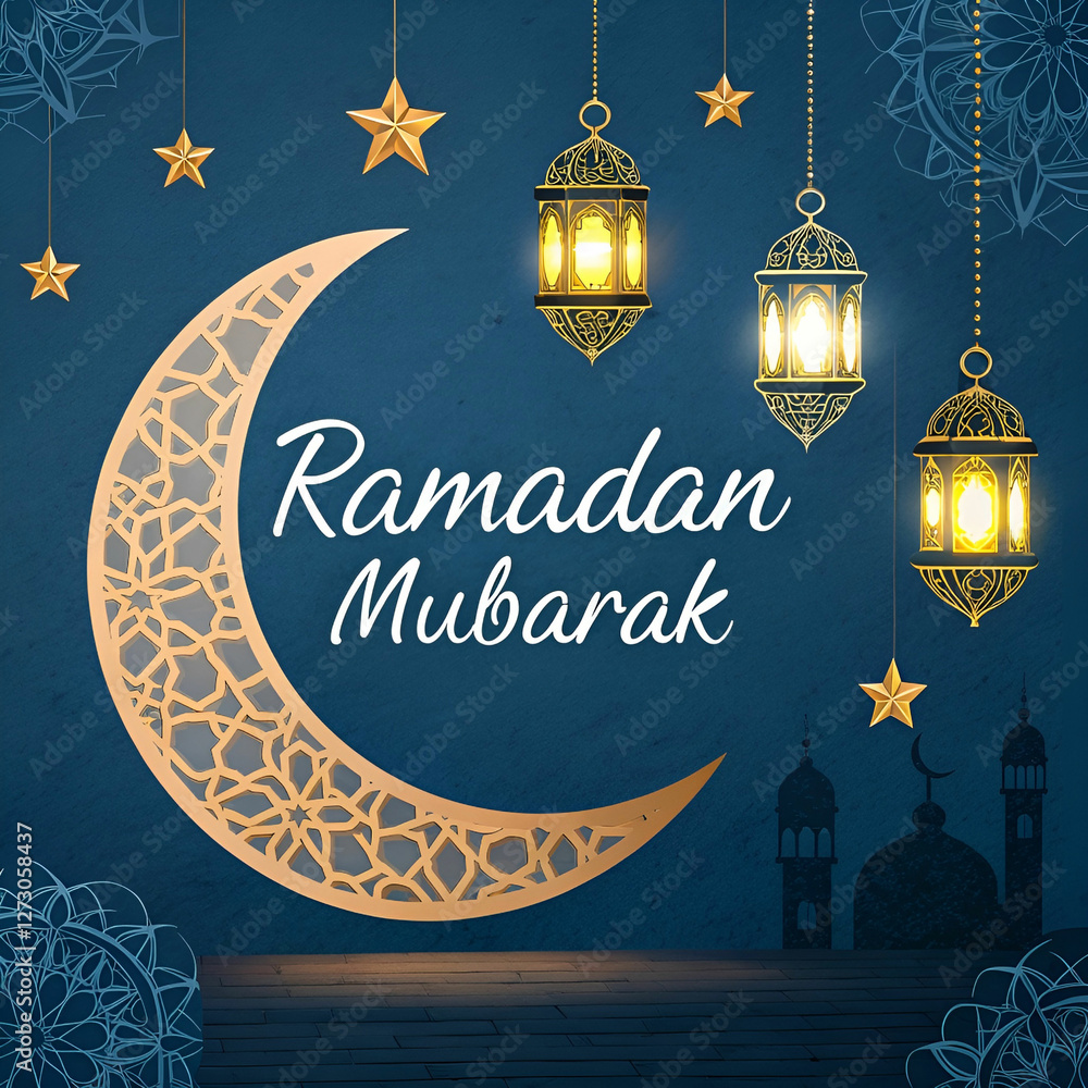 Fototapete elegant ramadan mubarak design with a crescent moon and intricate patterns.