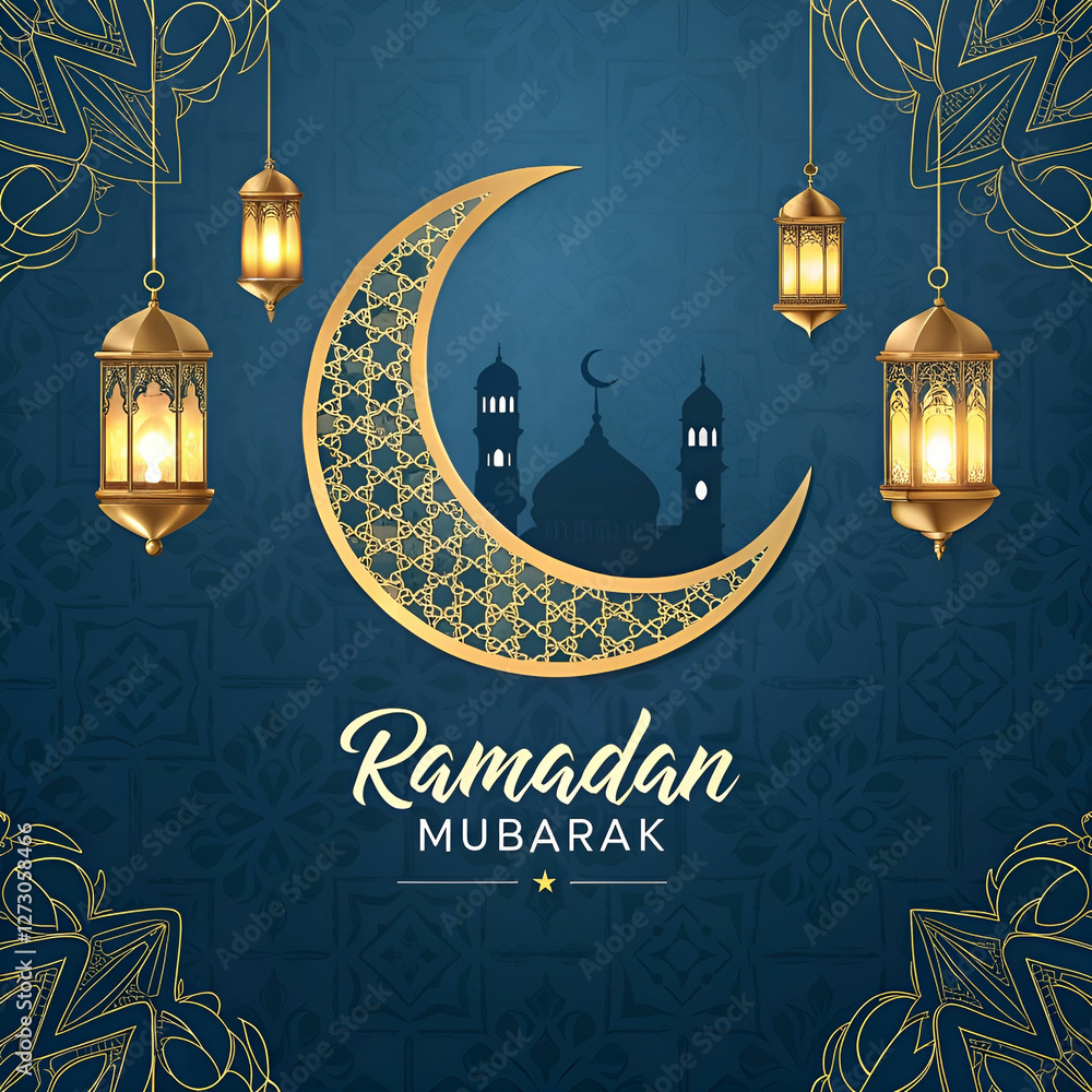 Fototapete elegant ramadan mubarak design with a crescent moon and intricate patterns.