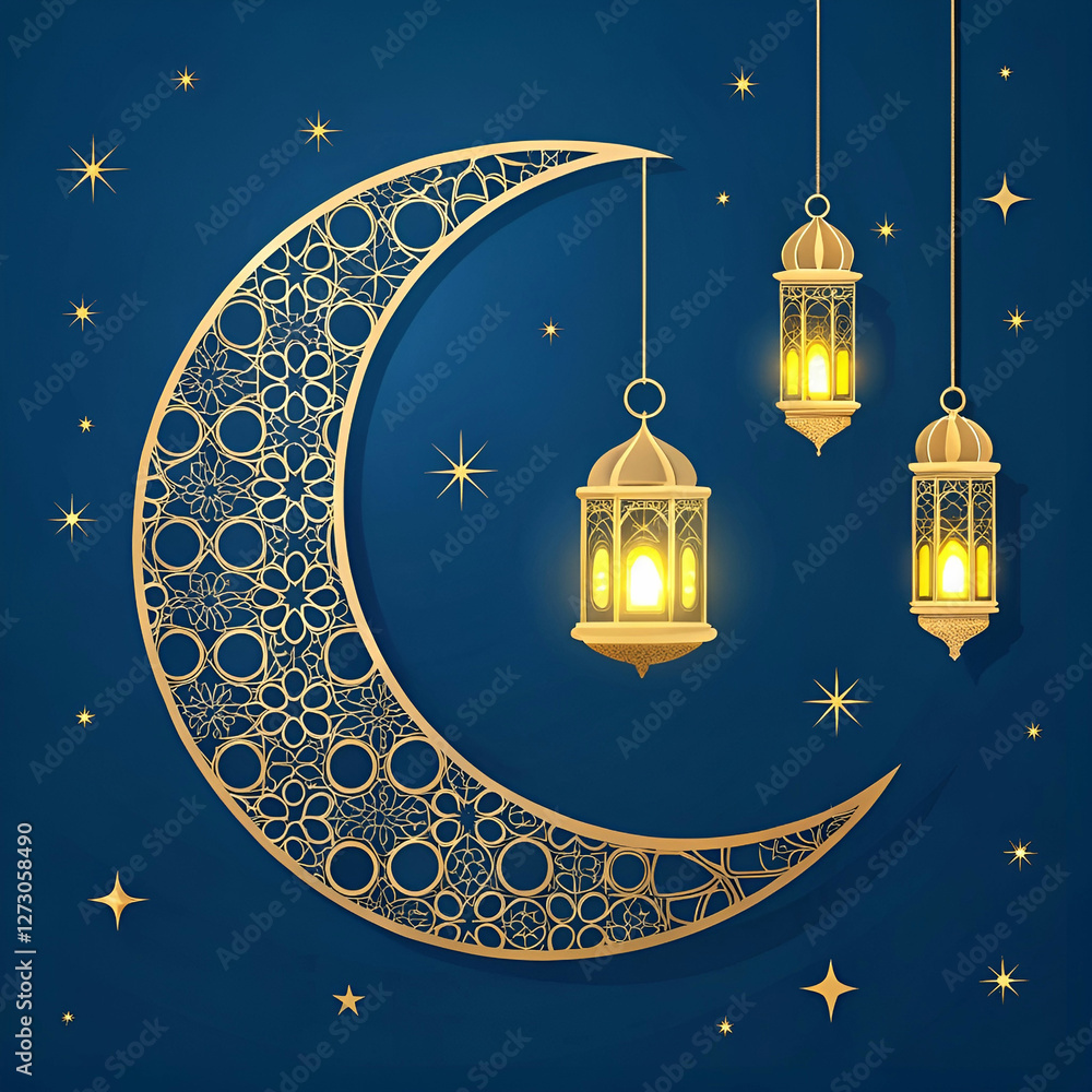 Poster elegant ramadan mubarak design with a crescent moon and intricate patterns.