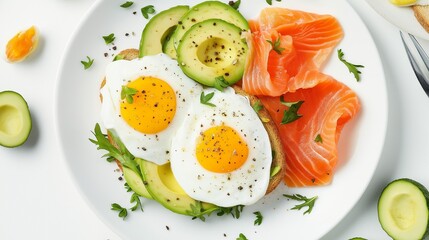 Delicious breakfast with avocado, eggs, and smoked salmon served on a white plate