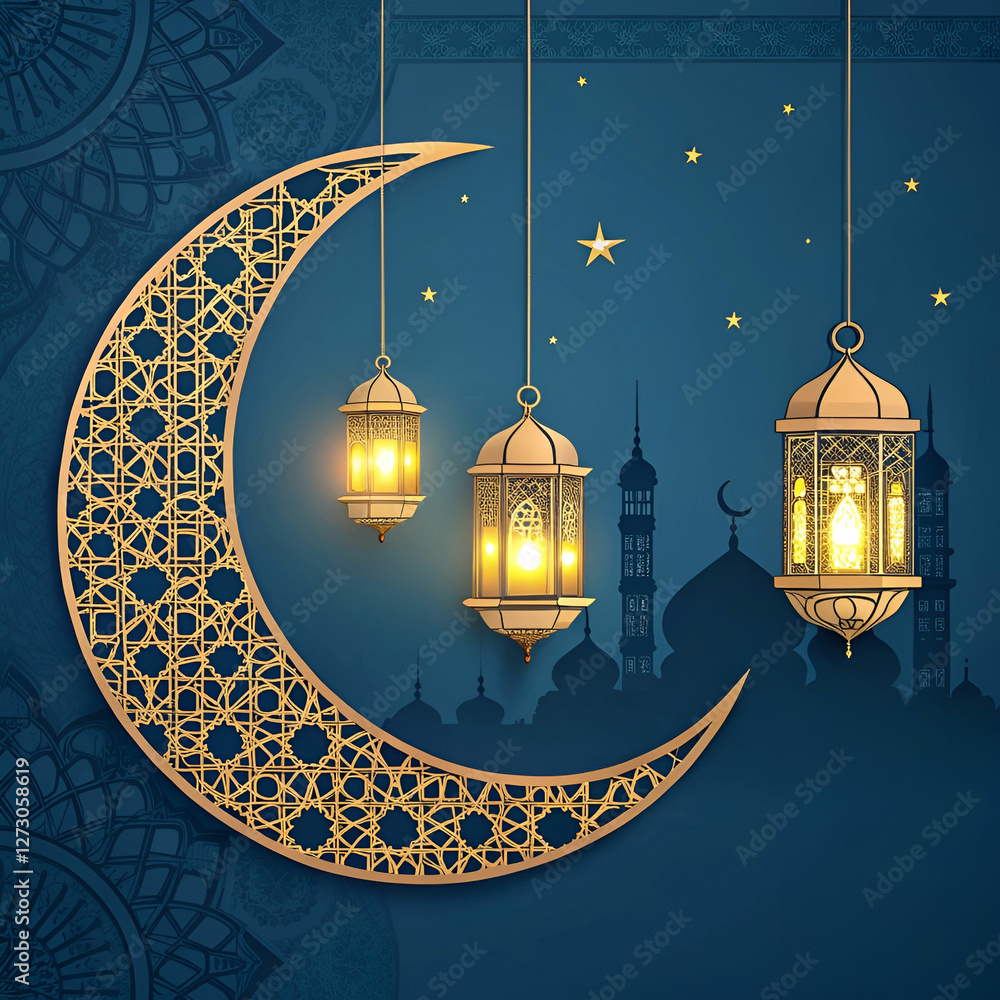 Poster elegant ramadan mubarak design with a crescent moon and intricate patterns.