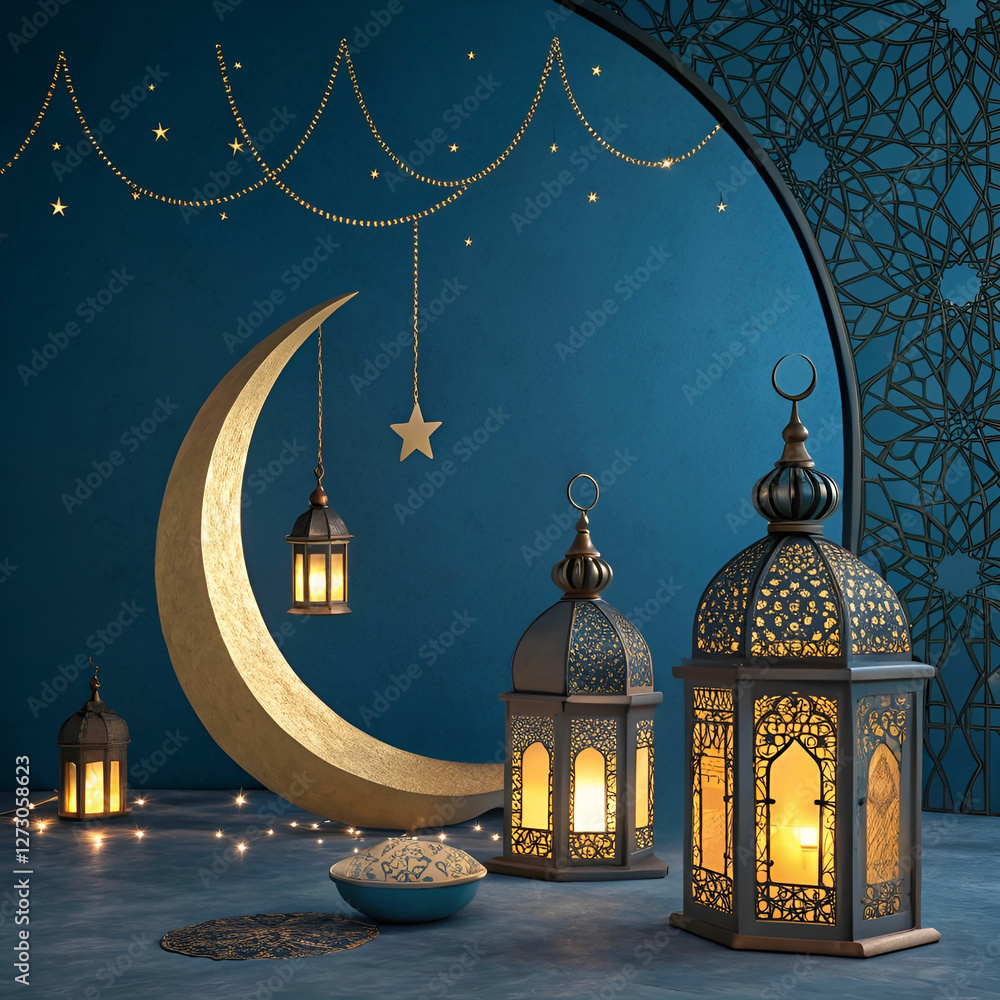 Fototapete elegant ramadan mubarak design with a crescent moon and intricate patterns.