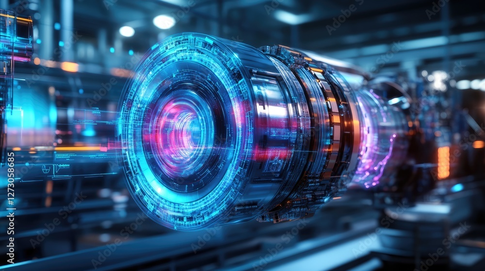 Poster holographic engine rotating in a factory, glowing with vibrant colors and highlighting intricate des