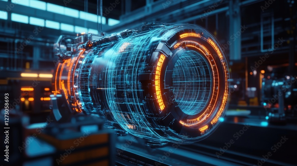 Aufkleber holographic engine rotating in a factory, glowing with vibrant colors and highlighting intricate des