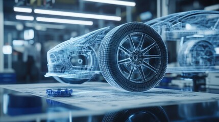 Obraz premium Holographic car parts, including a wireframe tire, floating above a blueprint, emphasizing the integration of innovation and technology in automotive design.