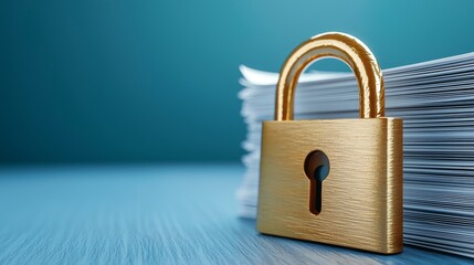 A golden padlock rests on a stack of documents, symbolizing security and confidentiality in data protection.