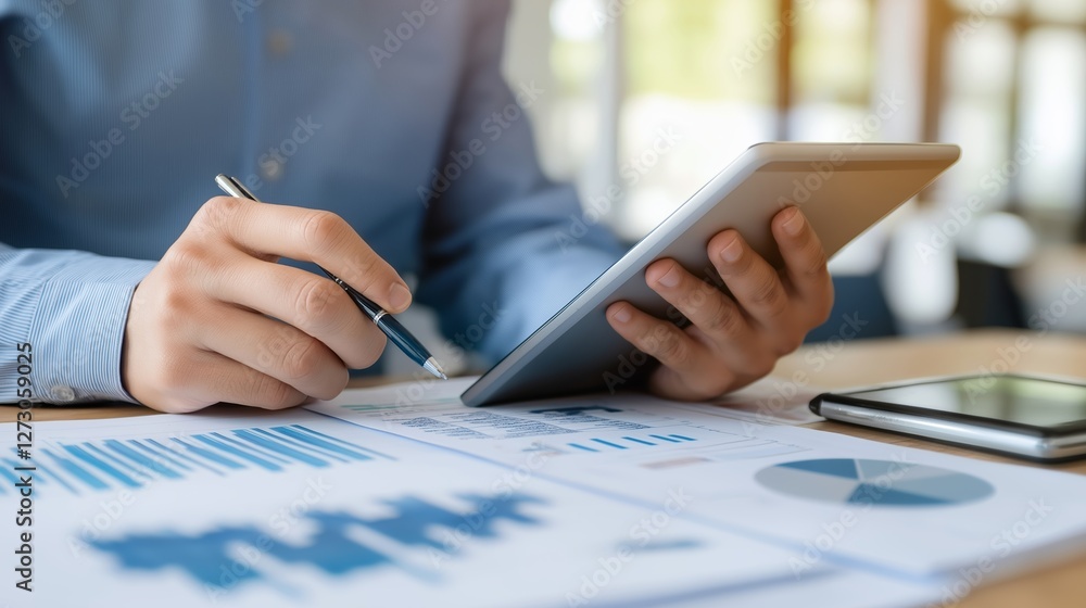 Poster business professional analyzes data using a tablet and charts in a modern office setting during the 