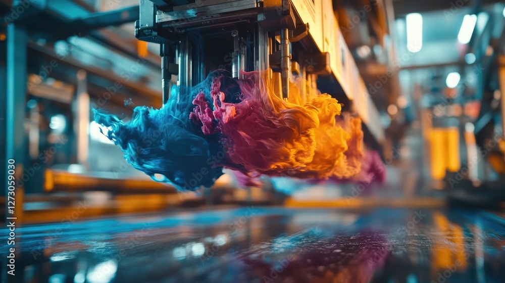 Poster Ink flowing through vibrant color printing machinery in an industrial setting, showcasing the dynamic process of high-quality color printing.
