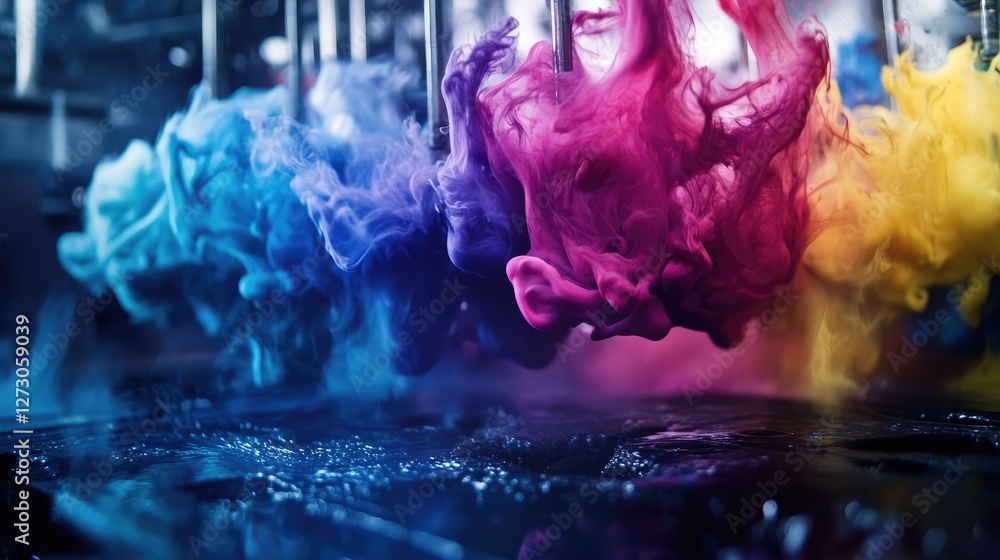 Poster Ink flowing through vibrant color printing machinery in an industrial setting, showcasing the dynamic process of high-quality color printing.