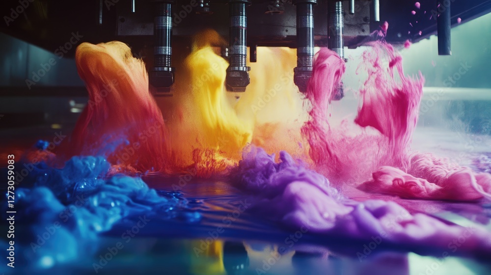 Aufkleber ink flowing through vibrant color printing machinery in an industrial setting, showcasing the dynami