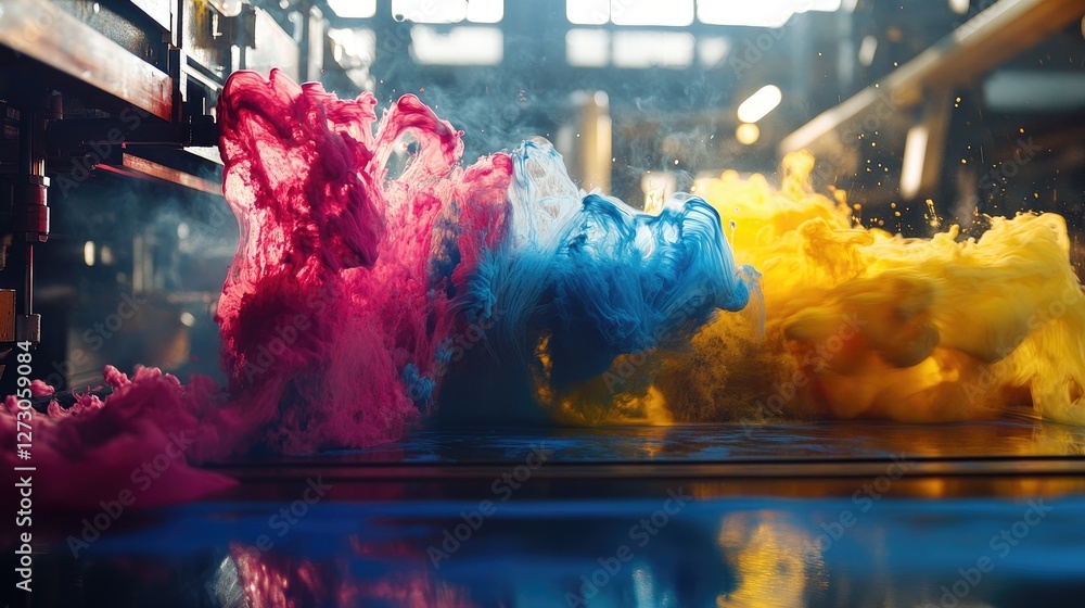Poster ink flowing through vibrant color printing machinery in an industrial setting, showcasing the dynami