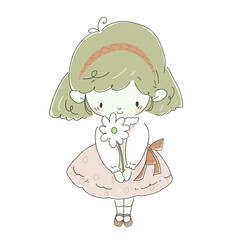 プレゼントの白い花を持つピンク色のワンピースの女の子　背景桜