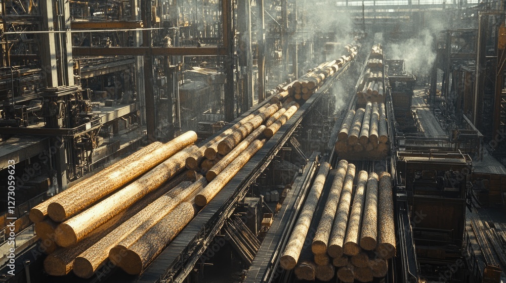 Poster Logs moving along a conveyor belt in a bustling lumber processing factory, emphasizing the scale and precision of industrial timber processing.