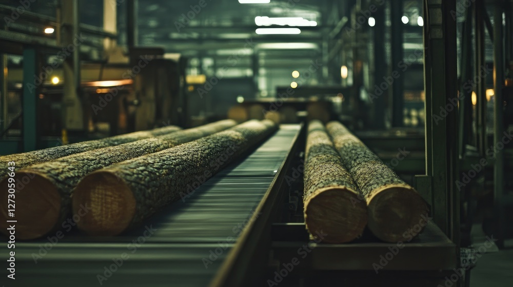 Poster Logs moving along a conveyor belt in a bustling lumber processing factory, emphasizing the scale and precision of industrial timber processing.